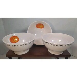 Set Of 3 Rae Dunn Artisan Collection "TRICK OR TREAT" Pumpkin Footed Bowl‎ 5.5"